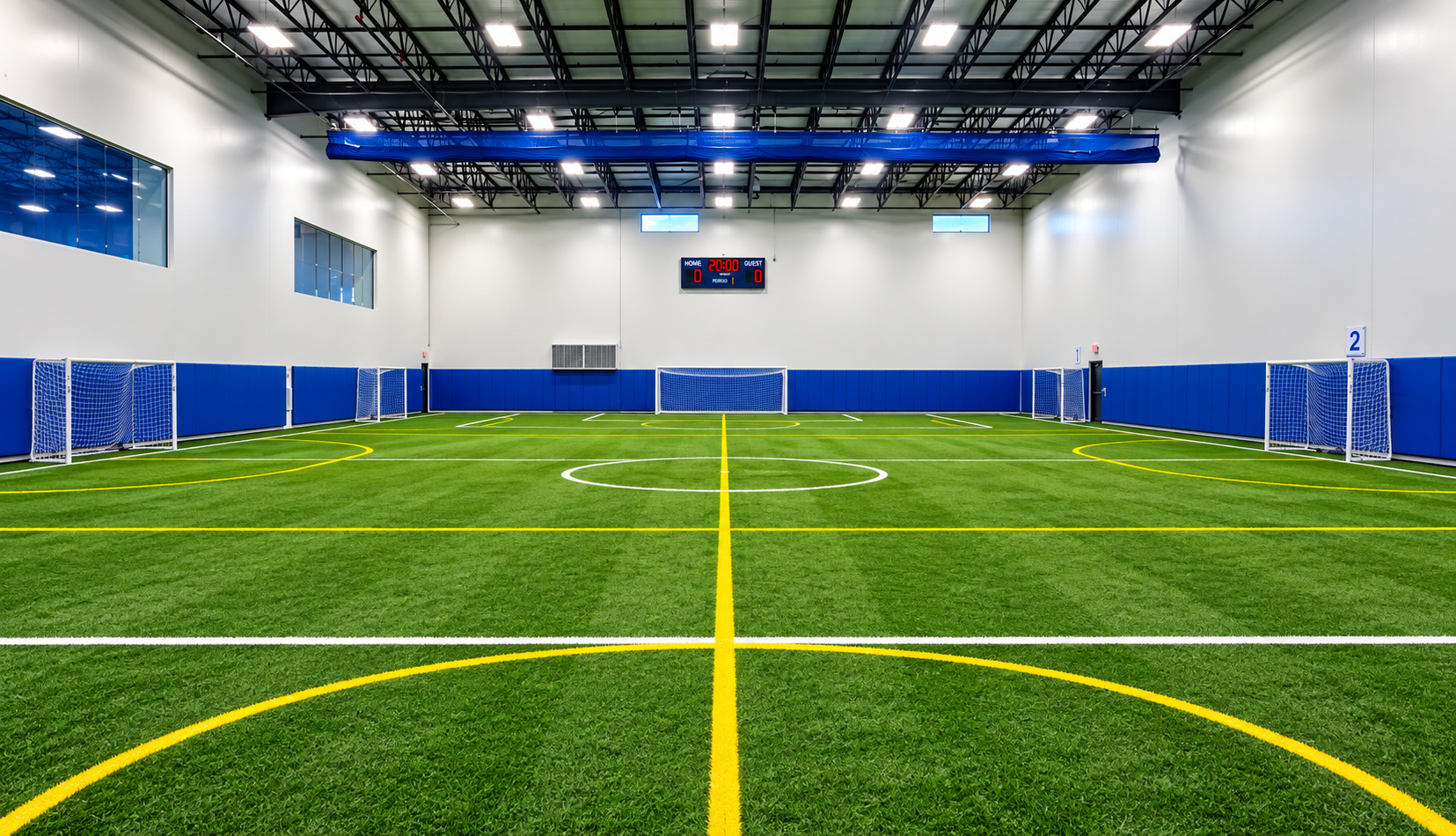 Wide view of the indoor turf soccer field at Cadence Sports Center